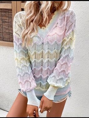 Pastel Rainbow Knit V-Neck Sweater